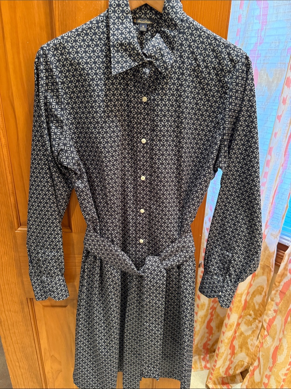 Brooks Brothers Navy and White Geometric Long-Sleeve Shirt Dress